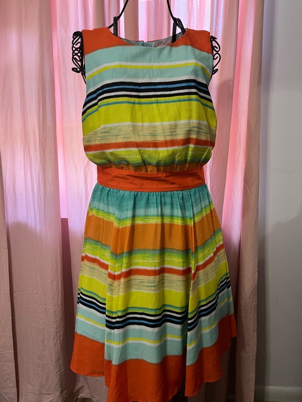 Vibrant Striped Summer Dress in Orange, Yellow & Aqua
